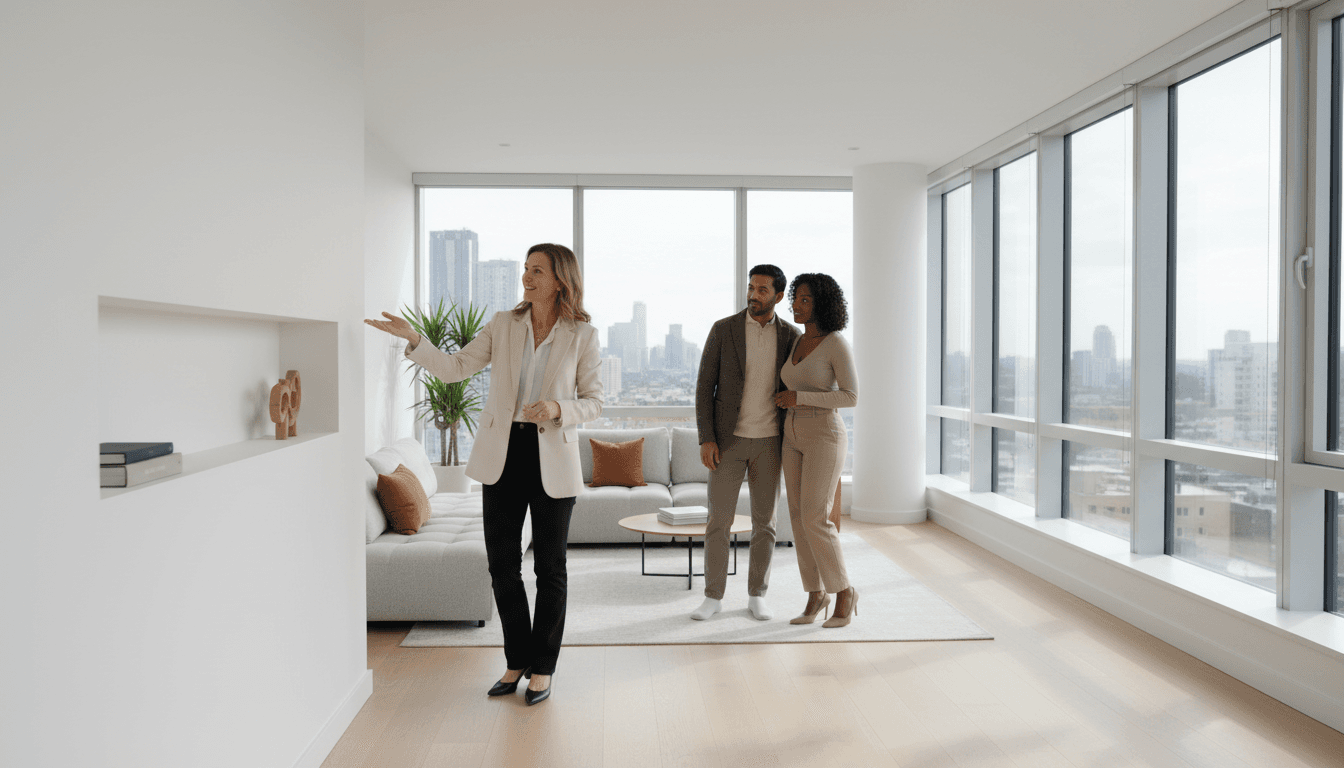 Agente imobiliário mostrando apartamento para cliente em Luanda