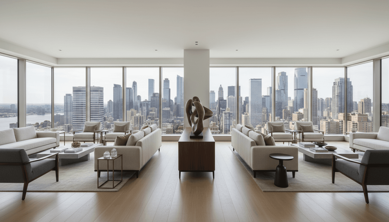 Interieur moderno de apartamento de luxo com vista para a cidade de Luanda