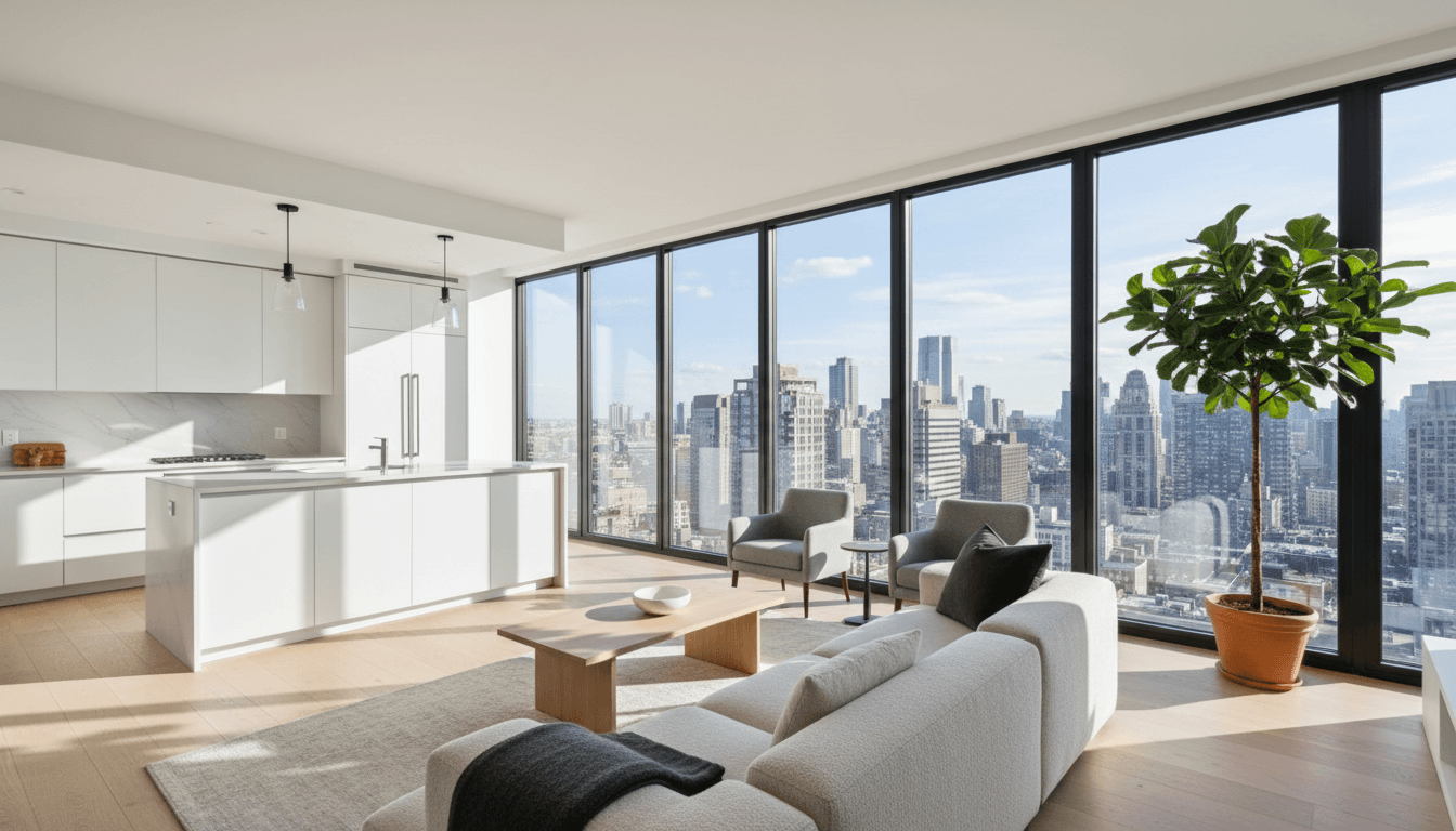 Interior moderno e elegante de apartamento de luxo com vista para a cidade de Luanda