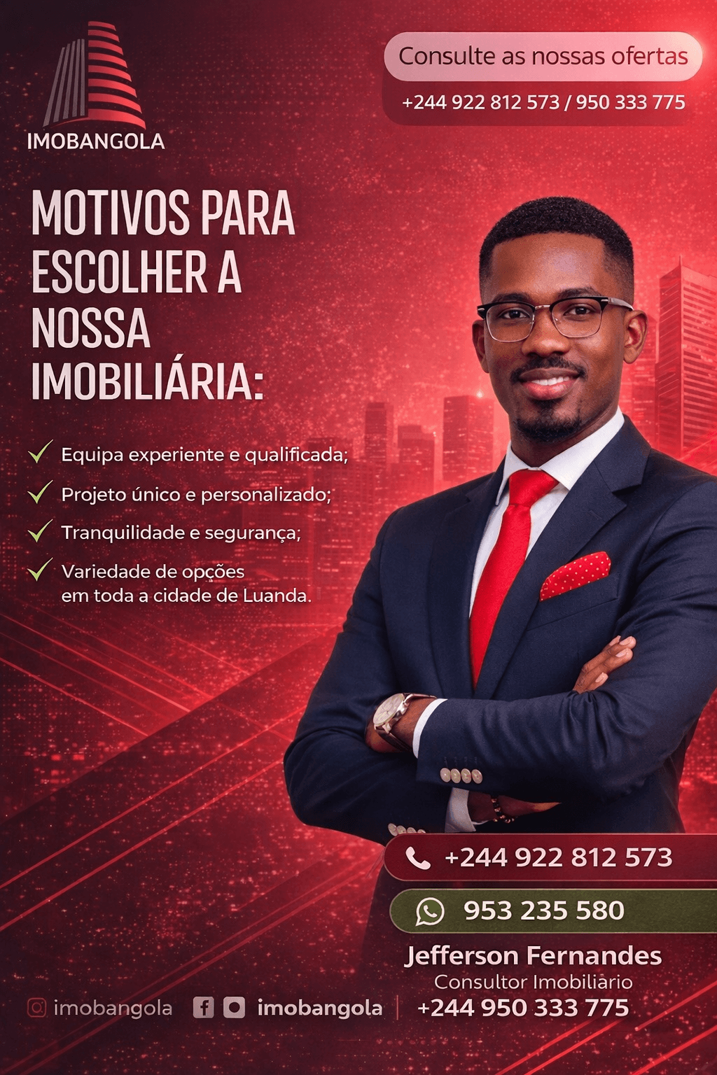 Consultor Jefferson Fernandes de terno e gravata vermelha em anúncio da Imobangola com fundo urbano.