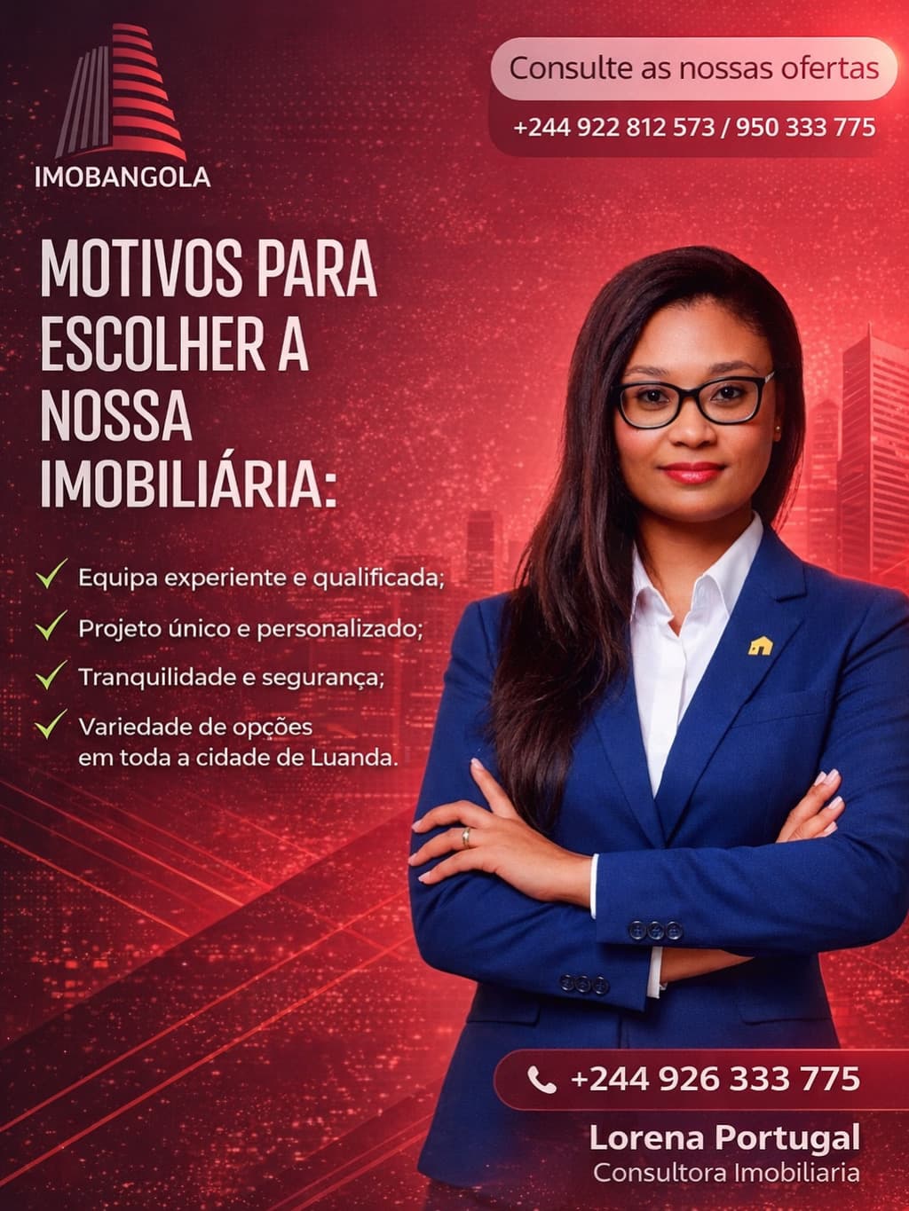 Consultora imobiliária Lorena Portugal em anúncio da Imobangola com fundo vermelho e lista de benefícios.