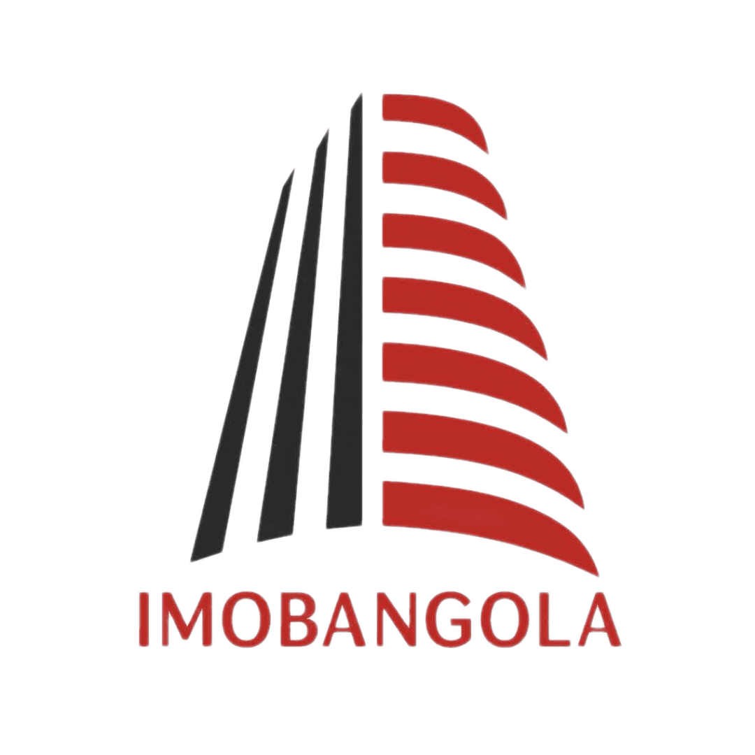 Logotipo da Imobangola apresentando um edifício estilizado com listras pretas verticais e vermelhas horizontais.