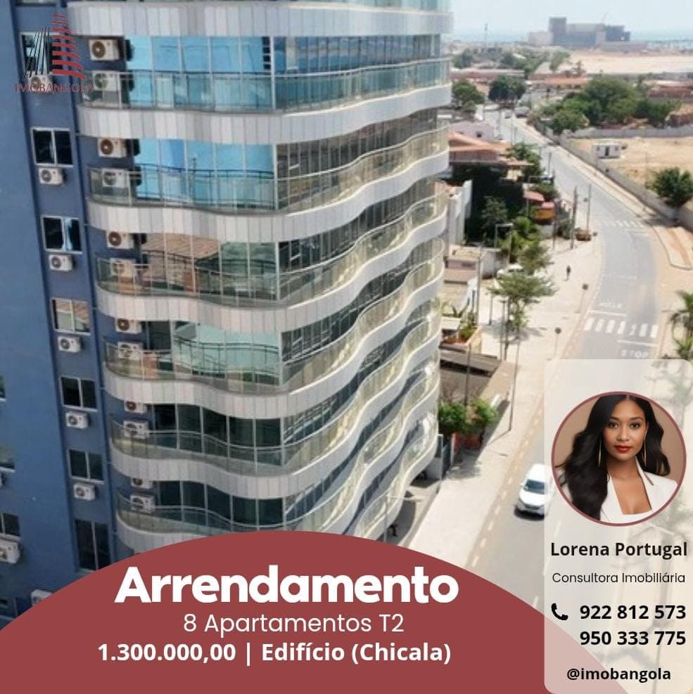 Edifício moderno com varandas curvas de vidro para arrendamento de apartamentos T2 na Chicala.